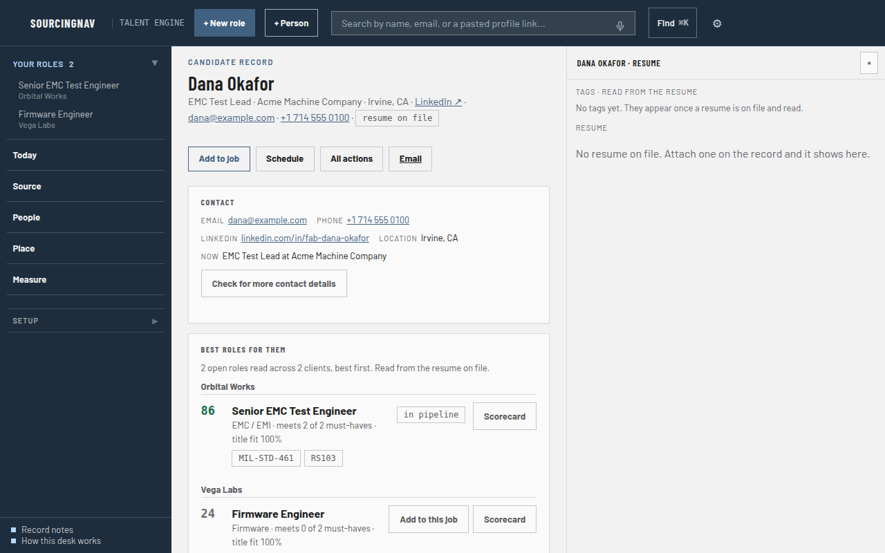 A candidate record: contact, the best open role for them with the matched must-haves, and the resume pane